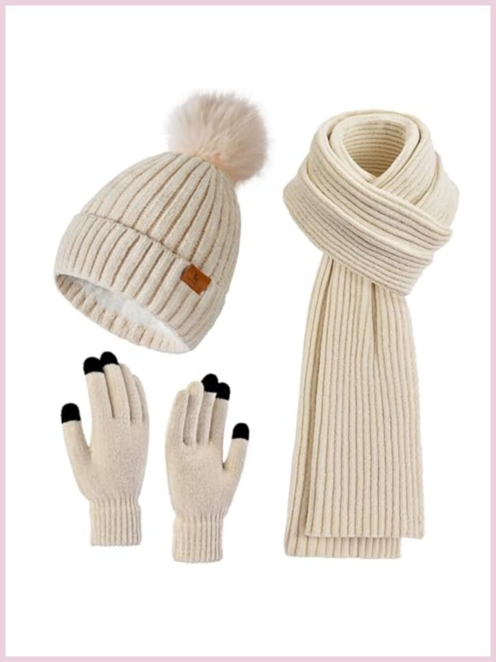 Acrylic Beanie Hat Scarf Touchscreen Gloves Set Winter Warm Knit